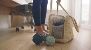 Lightweight and portable spiky massage ball for feet packed inside a gym bag for easy travel.