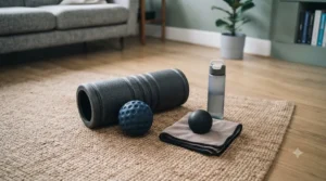 A selection of fitness and recovery gear including a foam roller and trigger point massage ball on a wooden floor.