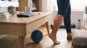 Fitness enthusiast using a spiky massage ball for feet after a run to improve flexibility and soothe sore muscles.