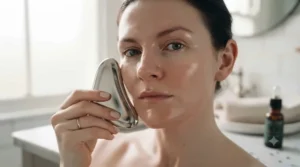Achieving a glowing, revitalised complexion after a morning facial massage with a stainless steel gua sha.