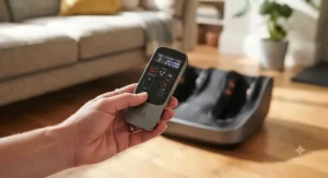 Hand holding a remote control next to a plugged-in kneading foot massager ready for use.