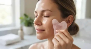 A close-up of a natural rose quartz facial gua sha tool being gently applied to the cheekbone for skincare routines.