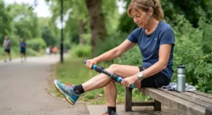Fitness enthusiast using a therapy stick for legs as part of their post-workout cool down