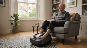 Older adult relaxing in an armchair while using a gentle compression foot massager for circulation.