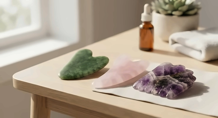 A curated set of three different crystal facial gua sha tools showcasing various contours and edges.