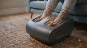 Close-up of rotating massage nodes targeting the sole on a shiatsu foot massager.