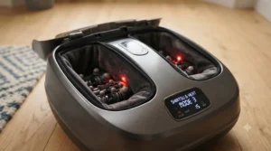 Close-up of a heated shiatsu foot massager targeting tired arches and soothing sore muscles.