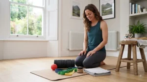 A curated sports recovery kit laid out on a yoga mat, featuring the red lacrosse ball, a foam roller, resistance bands, and muscle balm.