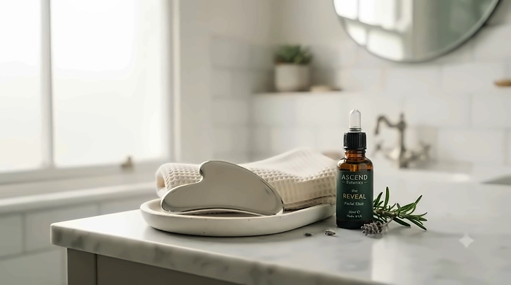 A premium stainless steel gua sha facial lifting tool resting on a clean bathroom tile surface. stainless steel gua sha
