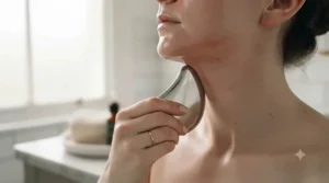 Performing upward and outward lymphatic drainage strokes on the neck using a stainless steel gua sha tool.