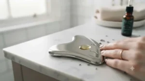 Applying a lightweight facial serum to the cheek before using a stainless steel gua sha for a smooth glide.