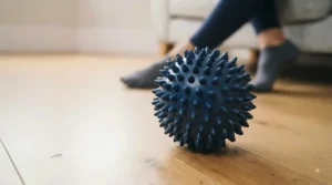 Close-up of firm plastic spikes on a blue spiky massage ball for feet, designed for deep tissue trigger point therapy.