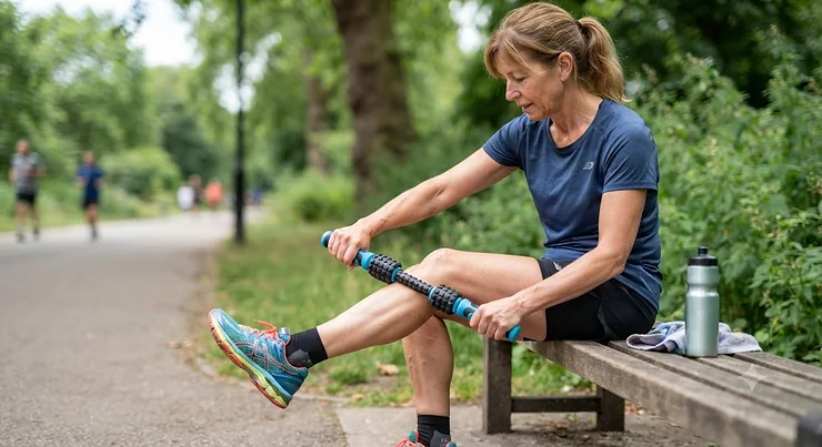 Person using a therapy stick for legs to massage tight calf muscles after a run