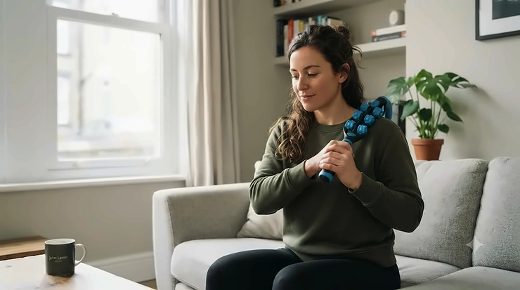 Person using a blue trigger point massage stick to relieve shoulder and upper back muscle tension at home. trigger point massage stick