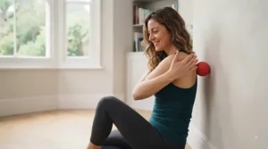 Person demonstrating how to use a lacrosse ball for massage against a wall to relieve tight upper back muscles.