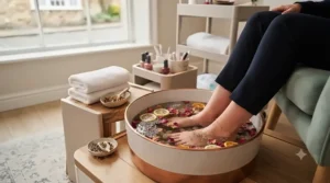 Feet soaking in a warm herbal pedicure foot spa bowl before treatment.