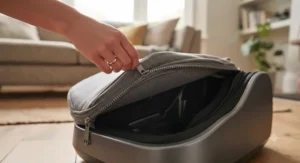 Removing the zippered fabric lining from a kneading foot massager for easy machine washing.
