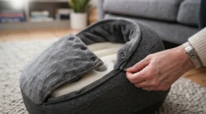 Removable and washable plush lining inside a heated foot massager for easy hygiene.