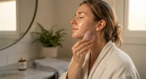 A woman performing a soothing evening facial massage using a smooth facial gua sha tool on her jawline.
