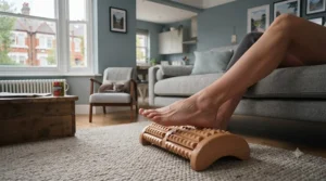 Wooden foot roller targeting the arch to ease plantar fasciitis symptoms during morning stretches.