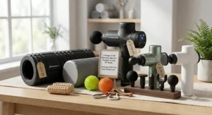 Selection of foam rollers and massage guns illustrating different price points and recovery options.