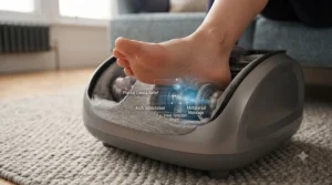 Infographic diagram highlighting pressure points targeted by a portable foot massager to relieve arch pain.