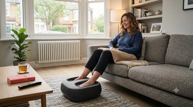 Portable compact foot massager designed for home use, resting on a modern living room rug. compact foot massager
