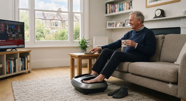 An elderly British man smiling while relaxing on a sofa and using an electric foot massager for diabetics in his living room. foot massager for diabetics