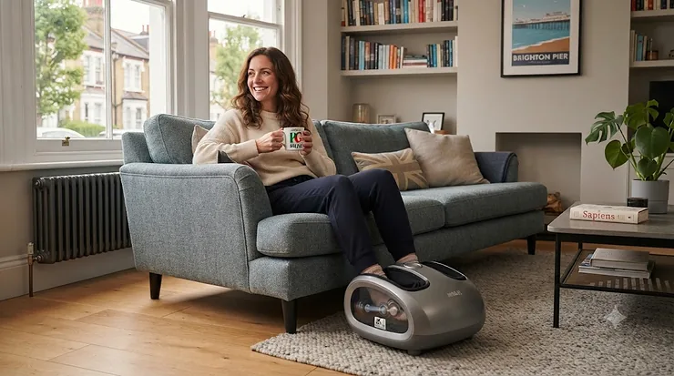 A person relaxing on a sofa in a living room while using a compact portable foot massager for soothing relief. portable foot massager