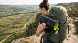 Lightweight travel foam roller strapped to the exterior of a hiking backpack.