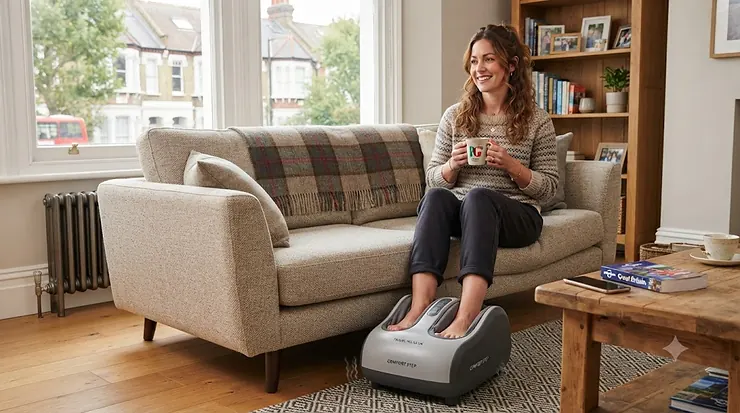 Portable travel foot massager being used on a sofa in a modern British living room, highlighting a compact design for soothing aching feet after a long walk. travel foot massager