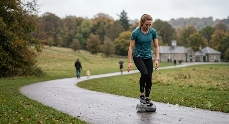 Close-up shot showing a runner carefully placing her lower leg onto a grey grid foam roller on a park path[cite: 2]. foam roller for runners