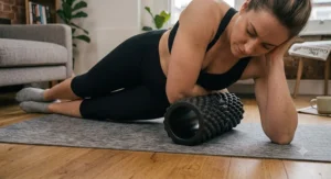 Side-lying position on a high density foam roller targeting the latissimus dorsi muscle.