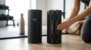 Size comparison showing a collapsible travel foam roller next to a standard gym foam roller.