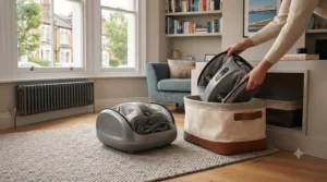 A lightweight portable foot massager being easily slipped into a modern home storage cupboard under the stairs.