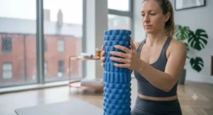Person lying on their side using a textured foam roller to target the latissimus dorsi muscle.