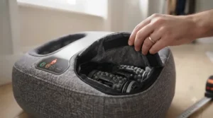 Removing the washable fabric lining from a compact foot massager for cleaning.