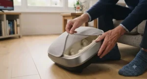 A user removing the washable mesh covers from a hygienic foot massager for diabetics for regular cleaning.
