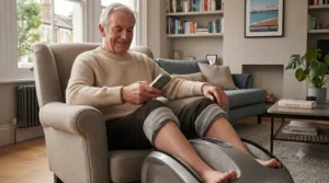 An elderly person smiling comfortably while relaxing in an armchair and operating a portable foot massager with a remote control.
