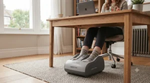 Compact travel foot massager placed discreetly under an office desk to soothe tired feet during a remote working day.