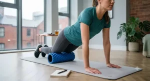 An athlete using a grid-patterned textured foam roller for a deep tissue massage on the quadriceps.