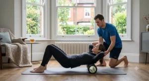 Cross-legged position on a foam roller targeting tight glute muscles to relieve tension causing lower back pain.