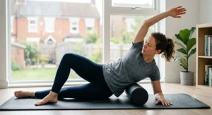 Side-lying stretch using a foam roller under the upper lateral back to ease stiffness connected to middle back pain.