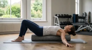 Person lying lengthways along a long foam roller for spinal alignment and thoracic chest opening to reduce postural back pain.