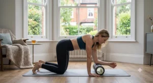 Thread the needle mobility exercise using a foam roller to improve mid-back rotation and reduce stiffness.