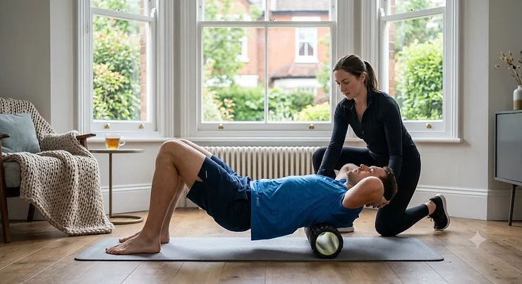 Demonstration of safe foam roller technique for upper back pain by positioning the roller horizontally across the thoracic spine with head supported. foam roller for back pain