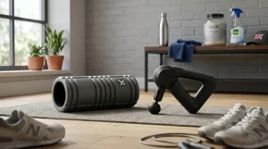 A foam roller alongside a massage gun placed on a gym mat, comparing recovery tools for muscle soreness.