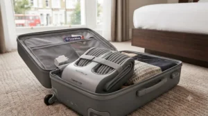 Side view of a foldable travel foot massager compressed flat to demonstrate space-saving storage in a suitcase for holiday packing.