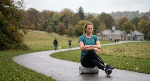 A seated British runner uses a textured foam roller under her hamstrings on a park path[cite: 3].