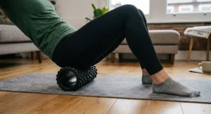 Runner massaging outer thigh muscles on a high density foam roller for IT band tightness.